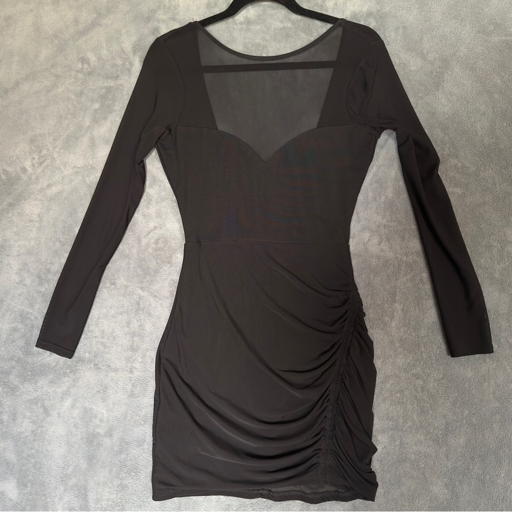 Sheer Top Black Mesh Long Sleeve Ruched Mini Dress size Large coquette